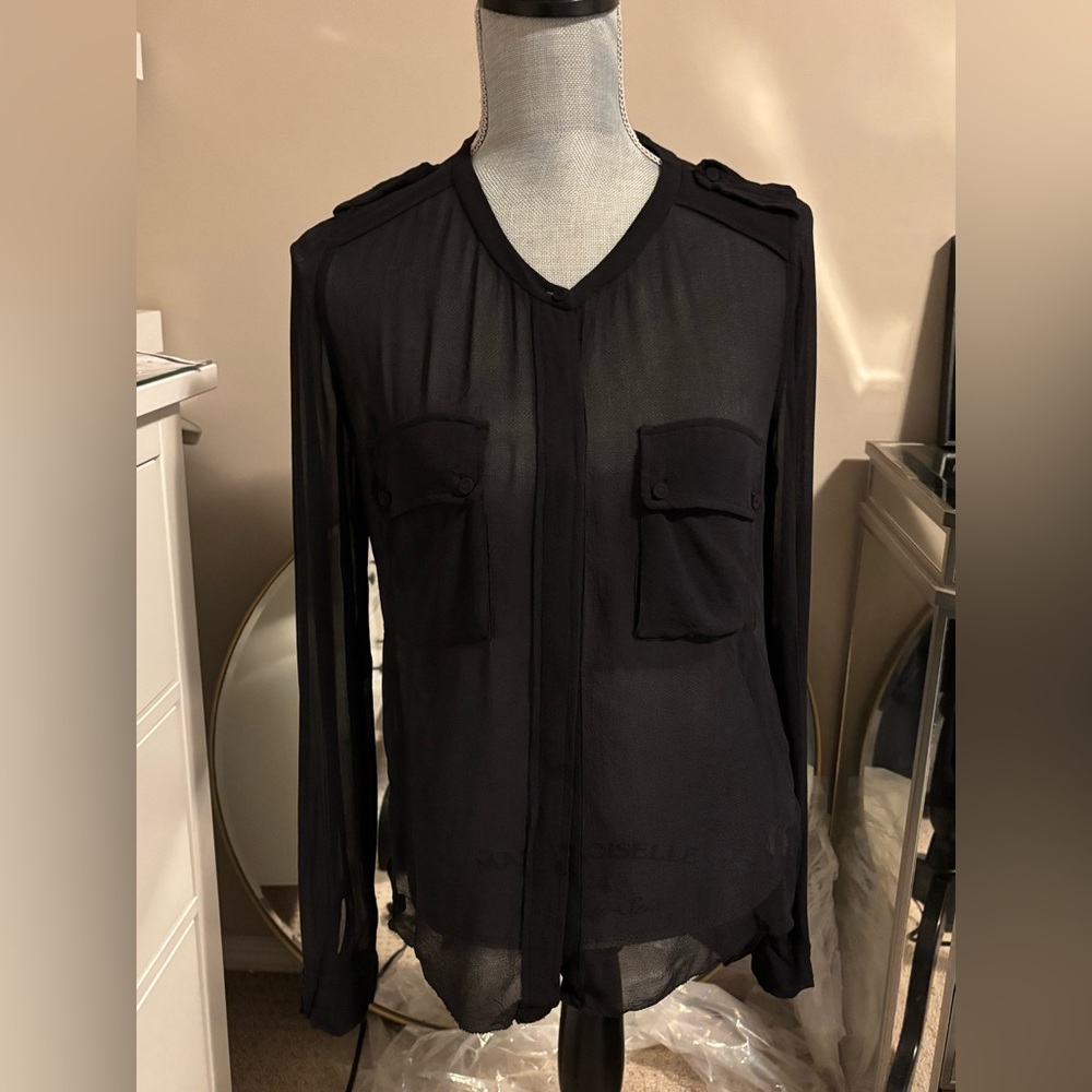 Aritzia Black Sheer Silk Long Sleeve Blouse